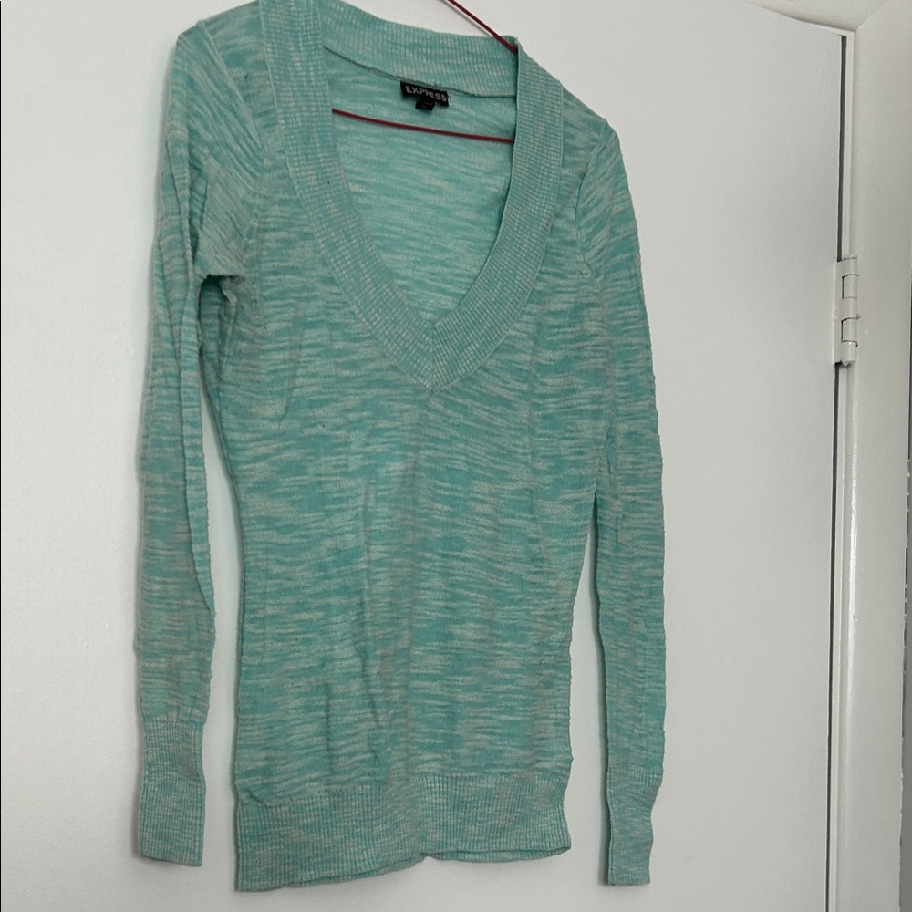 Express Women's Teal V-Neck Sweater